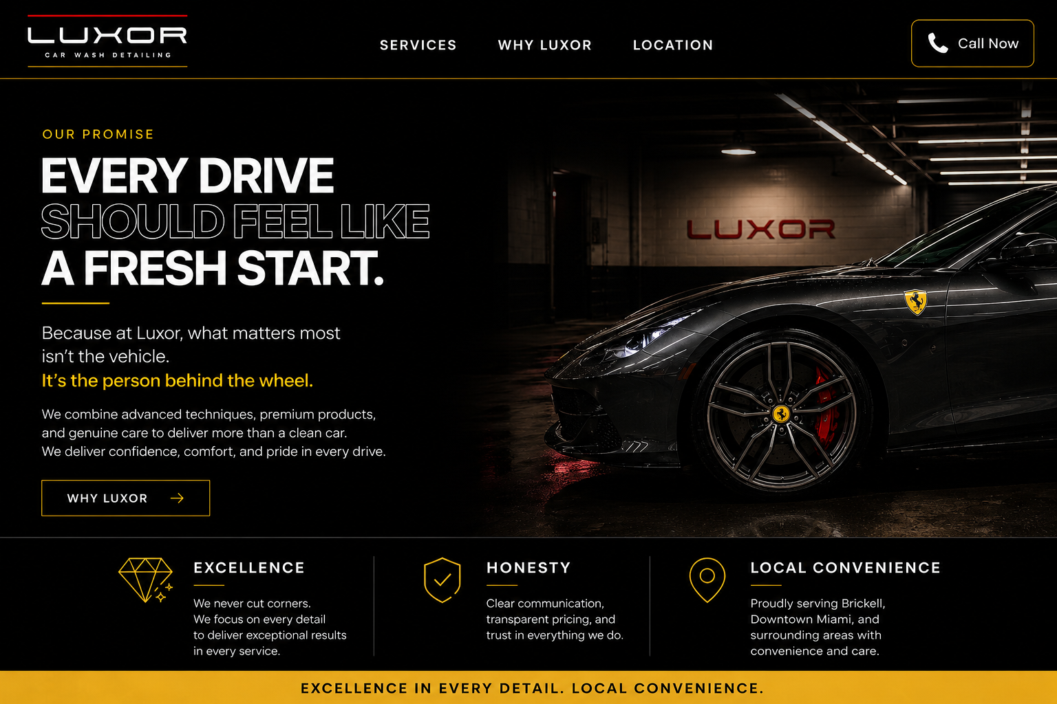 Luxor Our Promise section with Ferrari and brand values